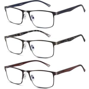 3 Pack Blue light Blocking Reading Glasses for Men, Stylish Metal Frame Readers, Black 