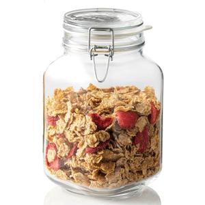 Bormioli Rocco Fido Wide Mouth Squared Glass Jar with Airtight Gasket Clamp Lid for Canning and Food Storage, 67.75 oz, Clear Top