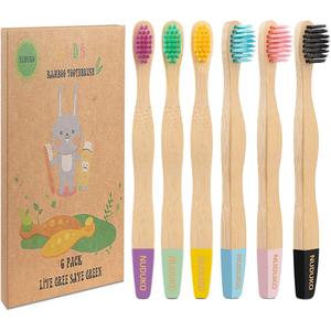 NUDUKO Kids Toothbrush Bamboo Toothbrushes 6 Pack - Organic Compostable Tooth Brush Wooden Baby Toddler Toothbrush, Eco-Friendly Natural Biodegradable Soft Bristle Toothbrush for Children