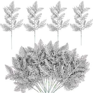 Watayo 30 PCS Glitter Artificial Pine Needles-10.6 Inch Fake Foliage Pine Stems Picks for DIY Garland Wreath Christmas Embellishing and Home Garden Decoration (Silver)