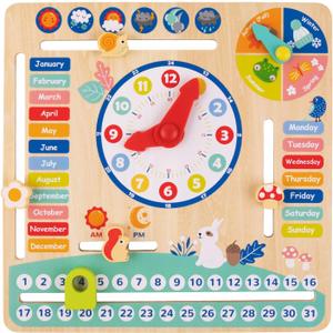 TOOKYLAND Montessori Educational Wooden Learning Toys Kids Daily Calendar My Calendar Clock Wooden Toys Gifts for Toddler Kids Age 3+