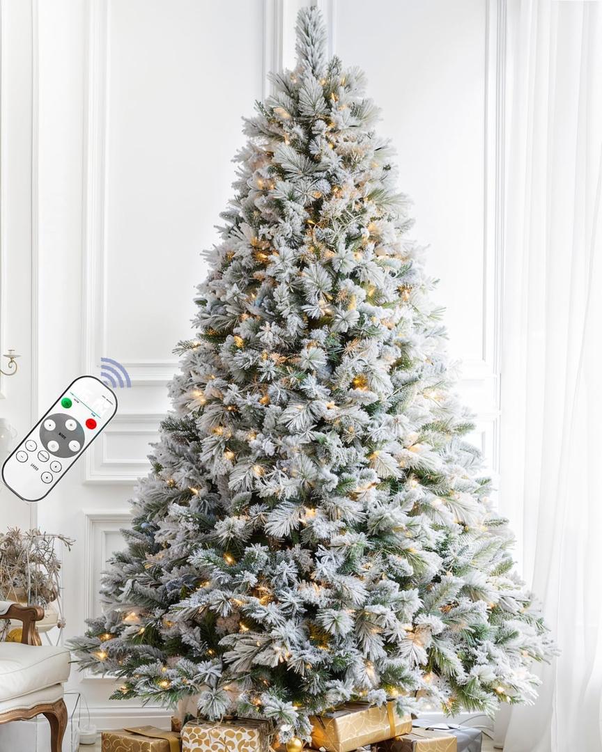 7.5FT Pre-lit Snow Flocked Christmas Tree Spruce with Remote Control, 600 Warm White Multi-Color Lights, Artificial Hinged/Feel Real/Realistic for Home, Holiday Decoration Dual Color LED