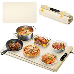 Food Warming Mat with Protective Table Mat, Graphene Fast Full-Surface Heating Mat, Electric Warming Tray with 6 Temperature and 6HoursTimer, Portable Rollable Food Warmer Perfect For Parties Buffet (cream color)