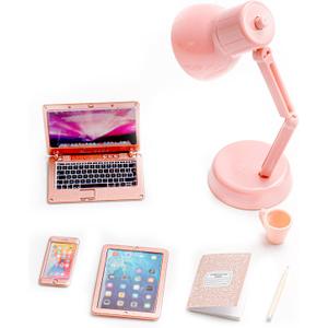 7 Pcs Miniature Laptop Tablet Phone Mini Books Desk Lamp Miniature Office Mini House Accessories, Pink