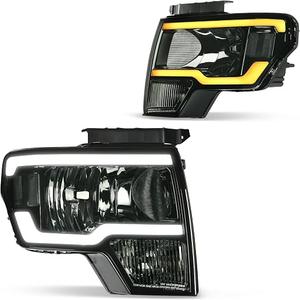 DWVO Headlights Assembly Compatible with 2009 2010 2011 2012 2013 2014 Ford F150 F-150 DRL Headlamp with Switchback LED Tube Smoke Lens (Only Fit 3 Pin Plug/Only Fit Factory Halogen Models)