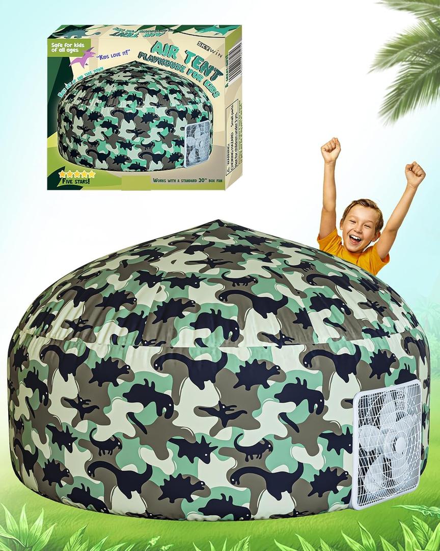Skywin Inflatable Tent for Kids (Camo Dark Grey), Inflatable Air Tent for Kids Sets Up and Stores Away in Seconds, Improved Blow up Fort (Fan NOT Included) (Camo Dino)