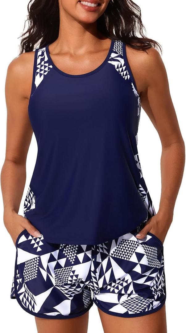Summer Mae Blouson Tankini Swimsuits for Women 2026 Tummy Control Two Piece Bathing Suits with Sporty Pockets Swim Shorts (Cube) Size 20W