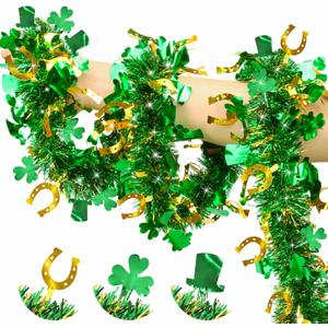 50FT St Patricks Day Garland Green Gold Hat Horseshoe Shamrock Tinsel Garland, Shiny Metallic Hanging Shamrock Decor Saint Patrick's Day Decorations for Home Office Indoor Outdoor Irish Party Supplies
