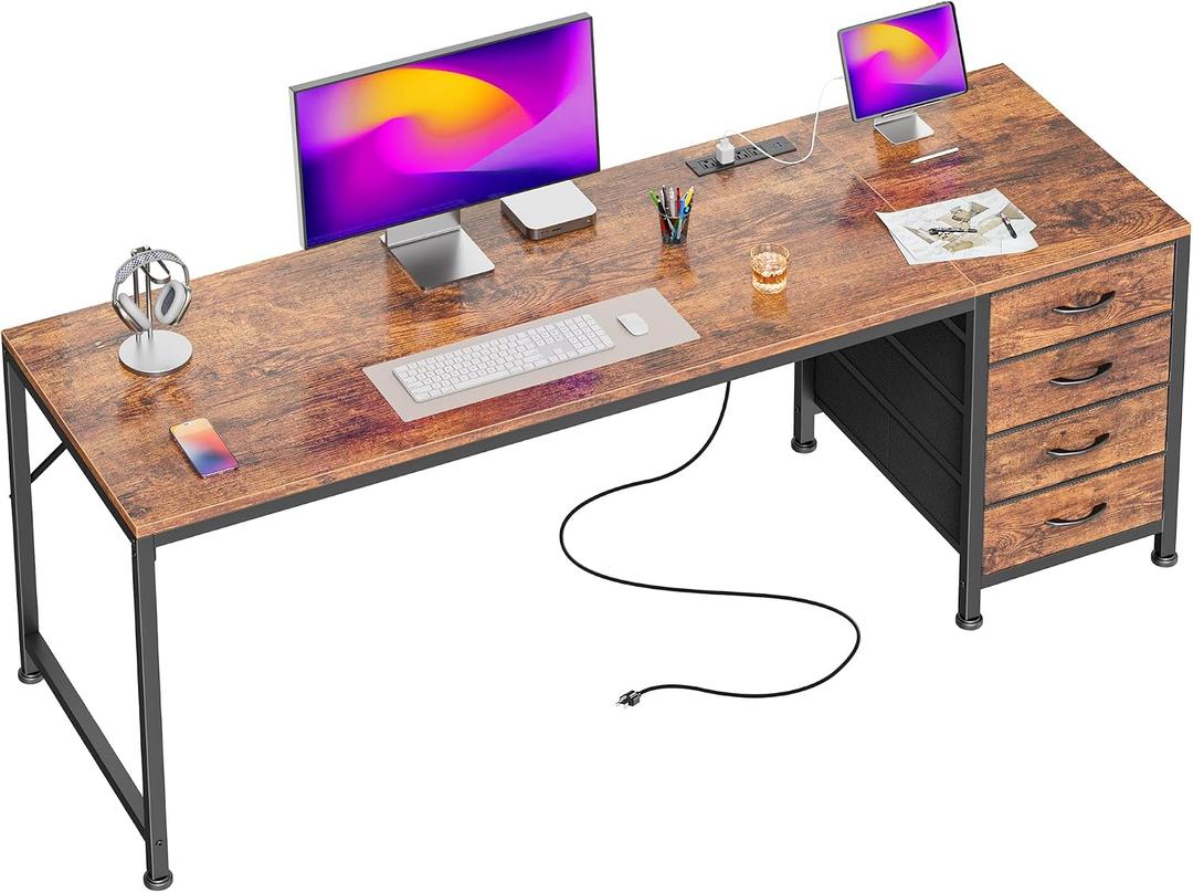 63 Inch Computer Office Desk with Power Outelts and USB-C Port, Reversible Gaming Desk with 4 Fabric Drawers, Work Study Desk Work from Home, Rustic Brown