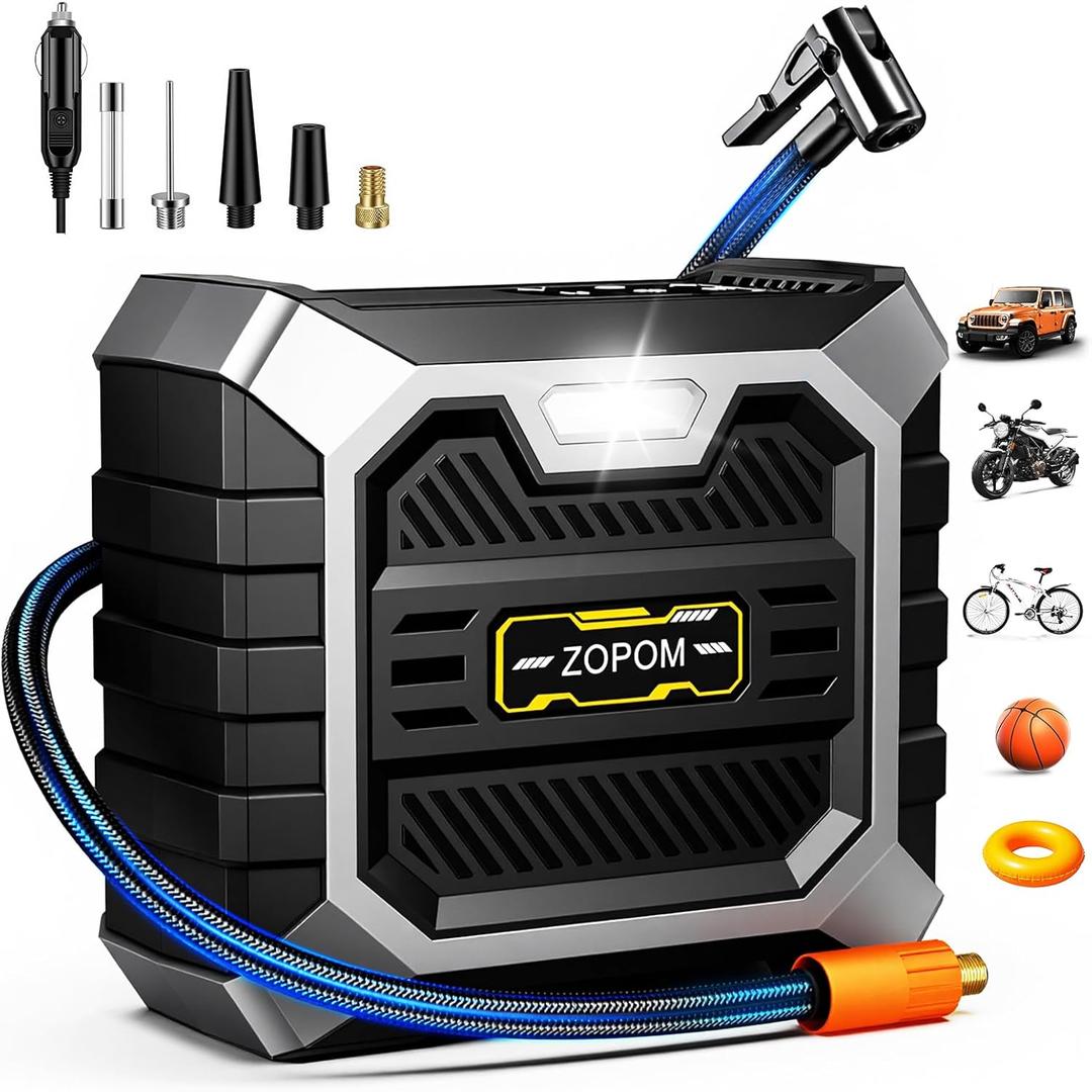ZOPOM Tire Inflator Portable Air Compressor, 12V DC Car Air Pump with Auto Shut-Off & Digital Pressure Gauge, 100 PSI Corded Inflator for Car, Motorcycle, Bicycle & Sports Balls, LED Light