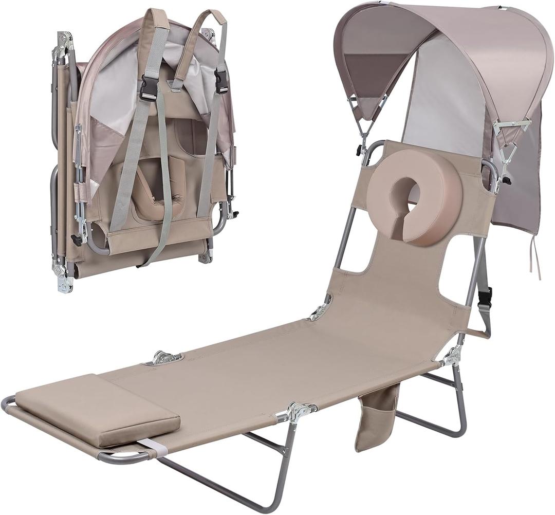 Backpack Beach Tanning Chair with Canopy and Face Hole, 6 Position Folding Lay Out Lounge Chair, UPĚ 50+ Wind-Resistant Sun Shade, Portable Recliner for Sunbathing, Outside, Poolside, Lawn, 2Pack