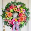 Spring Wreaths for Front Door 24 Inch Outdoor Spring Wreath with Pink Bow Handmade Peach Dahlia & Garden Rose Summer Wreaths for Front Door,Farmhouse Home,Porch,Wall,Window Decor