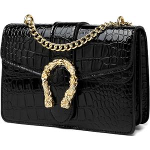MYHOZEE Crossbody Bags for Women - Snake Printed Clutch Purses Leather Chain Shoulder Bags Evening Handbags (Small Size Bright Black)