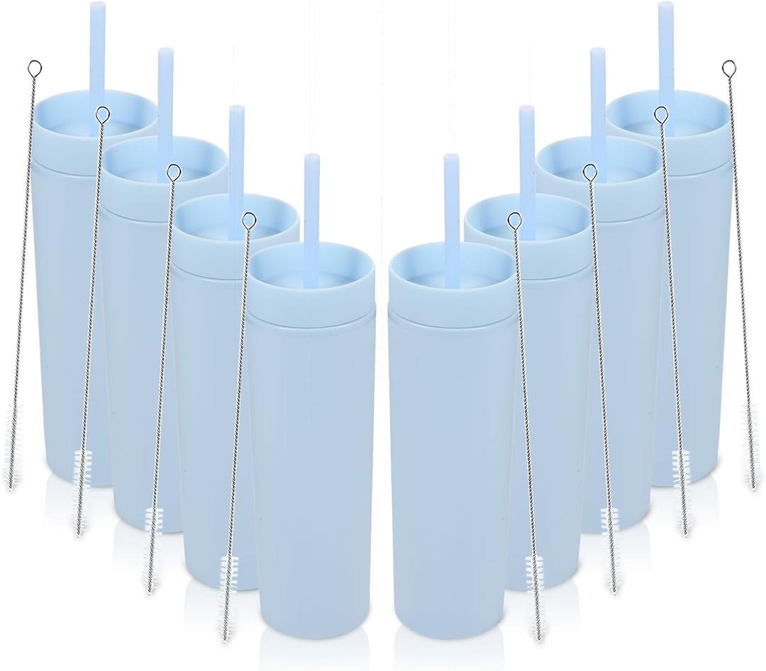 Volhoply 16oz Plastic Skinny Tumbler with Lid and Straw Bulk 8 Pack, Insulated Double Wall BPA Free Matte Acrylic Tumblers, Iced Coffee Travel Mug Reusable Party Cup, Gifts(Blue,8 Set)