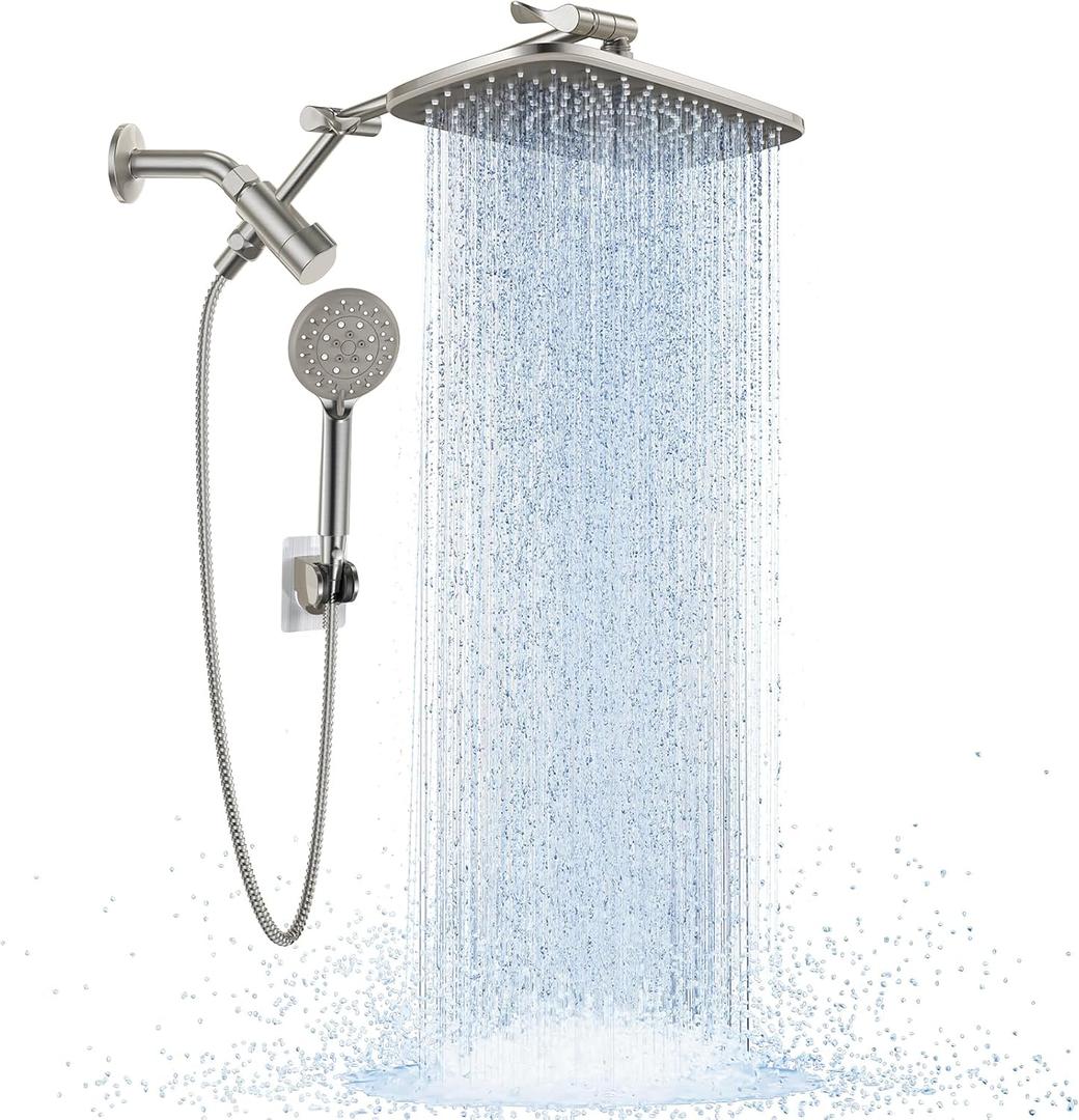 Veken Wide Brushed Nickel Rain Shower Head with Handheld, High Pressure Rainfall Showerhead Combo with Arm for Bathroom Accessories, Home Decor, Detachable Dual Shower with Multi Modes Handheld Spray (11.8 Inch (Standard))