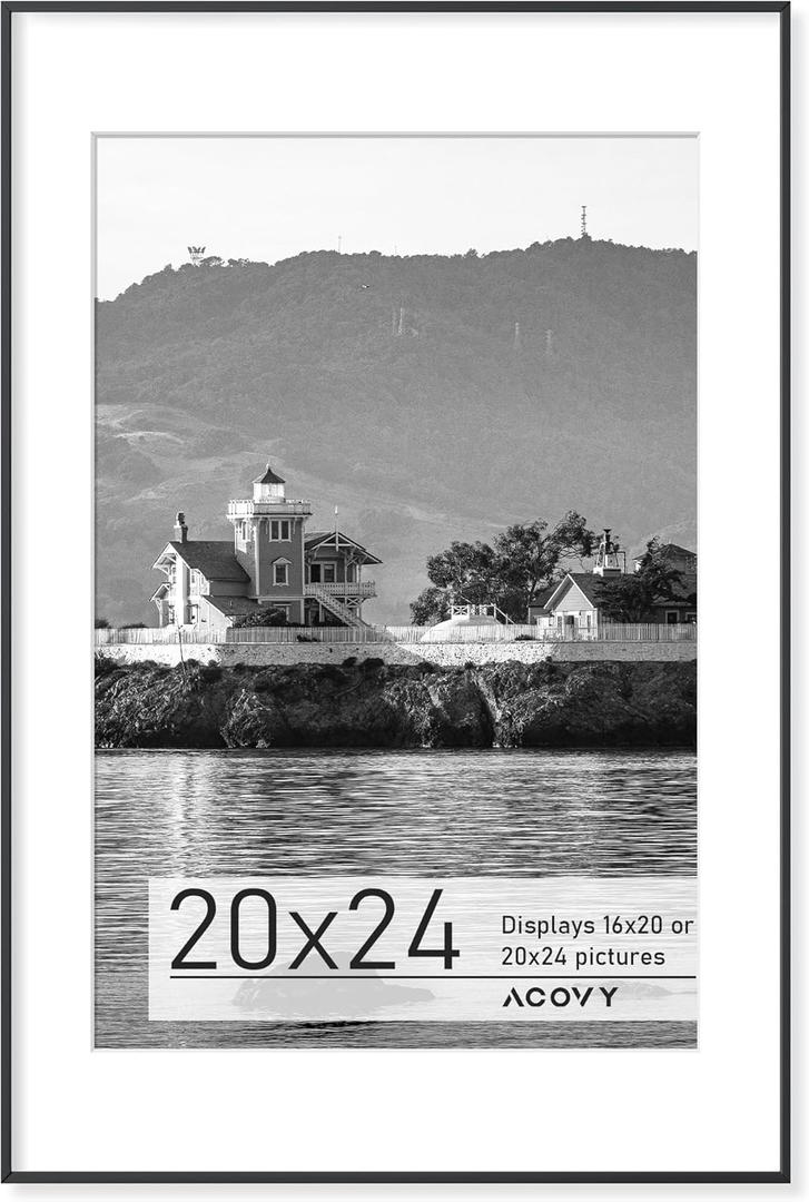 Premium Aluminum Frame with Mat - 20x24 Picture Frame, HD Tempered Glass, Wall Hook Included (Black, Pack of 1) (20''x24''-1P Real Glass)