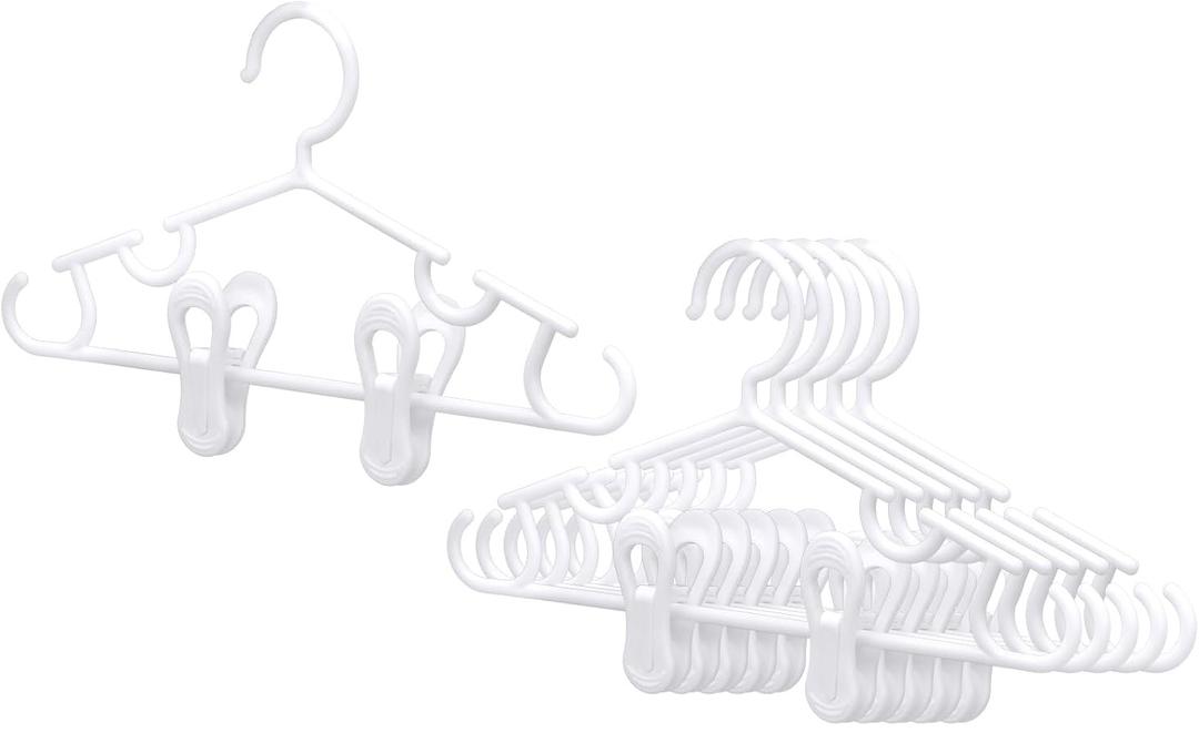 Hsei 5 Pack Baby Hangers with 10 Clips, Plastic Kids Pants Hangers for Nursery Closet Top and Bottom Clothes Hanger Set for Newborn Infant Toddler(5 Packs Total,White,10.6 Inch)