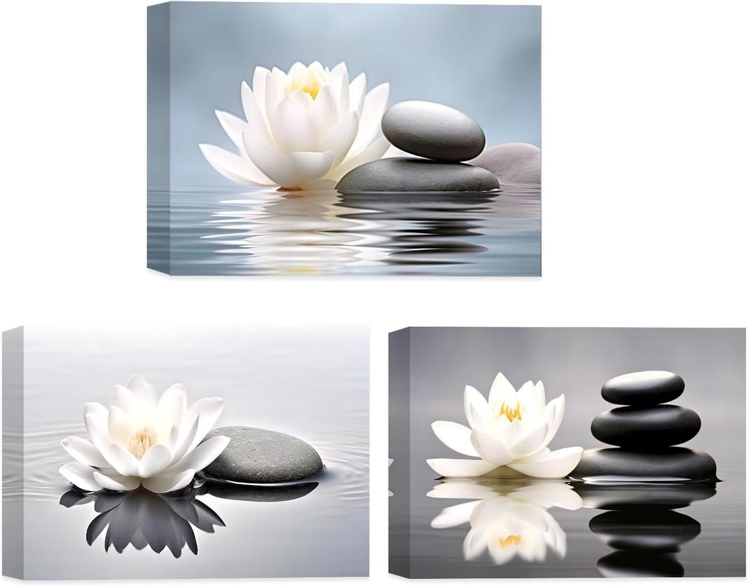 CCWACPP Zen Canvas Wall Art 3 Piece White Lotus and Black Zen Stones Picture Prints for Yoga Spa Meditation Spiritual Room Bathroom Decor Frame (16x24inchx3P)
