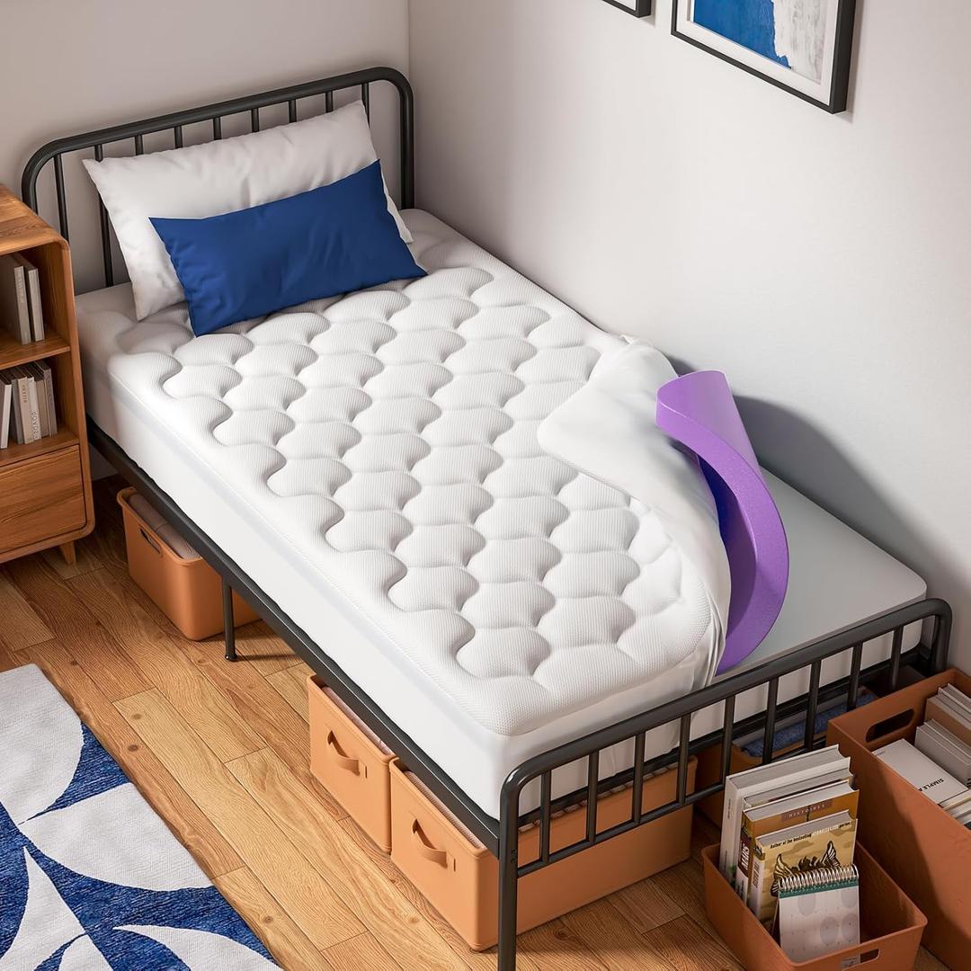 OhGeni Cooling 4 inch Dual Layer Twin XL Mattress Topper, 2 inch Gel Memory Foam, 2 inch Down Alternative Pillow Top Pad, Mattresses Cover for Bed, Medium Support, Fits 6-19 Deep Pocket,Purple