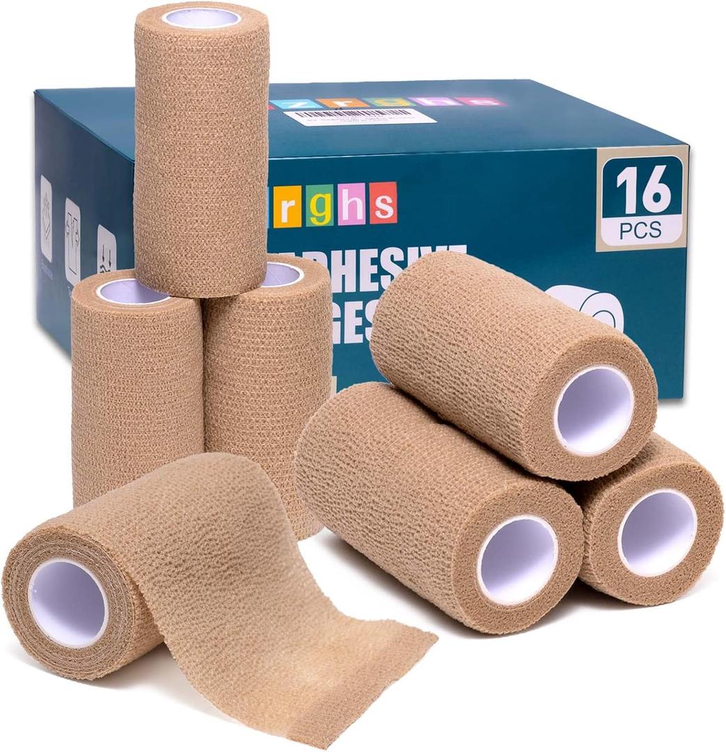 Self Adhesive Bandage Wrap, 16 Pack, 4" x5 Yards, Elastic Cohesive Bandage, Stretch Athletic Tap Wrap, Vet Wrap, Skin Color