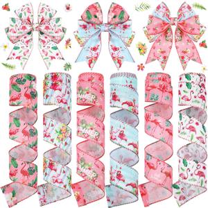 Duraaamo 6 Rolls 30 Yards Total Summer Flamingo Wired Edge Ribbon Party Burlap Ribbon Tropical Ribbon Summer Tropical Ribbons for Crafting Luau Hawaiian Gift Wrapping Bows Crafting Decorations