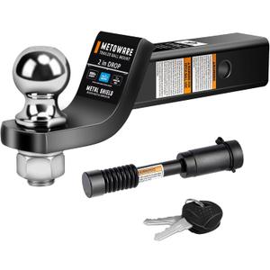 METOWARE Trailer Hitch Ball Mount, 2" Drop Hitch with 2" Ball, 6,000 lbs GTW Fits 2" Receiver for Truck SUV Boat RV, Solid Steel Towing Kit with Hitch Lock, Black