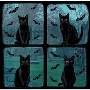 2 x Halloween Window Clings Decorations - 16.5" Double Sided Large Lifelike Black Cat Silhouette Halloween Decor with Bat Spiderweb, Spooky Window Decals Stickers Home Decor for Glass Mirror, 6 Sheets