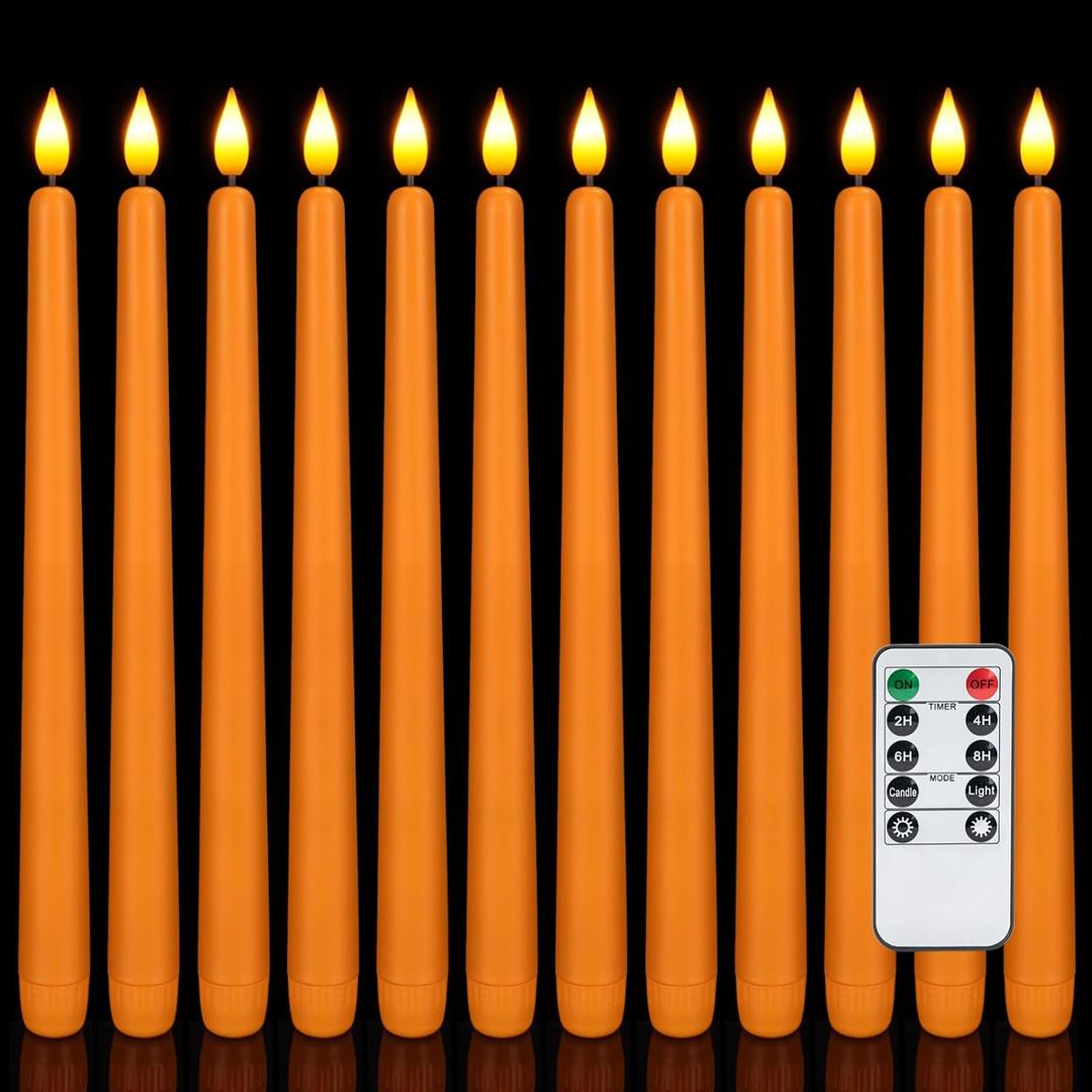 Homemory 12 Pcs Flameless Taper Candles with Remote Timer Dimmer, 11 inches Orange Taper Candles Battery Operated, Plastic LED Candlesticks with Flickering Flame for Halloween Decoration