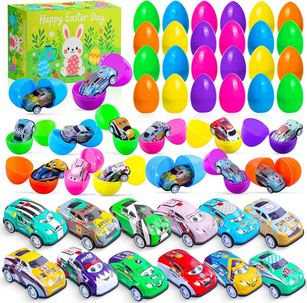 24 Pack Prefilled Easter Eggs with Pull Back Cars No Assembly Required, Easter Egg Fillers & Basket Stuffers for Kids, Classroom Prizes, Party Favors, Easter Toys for Boys