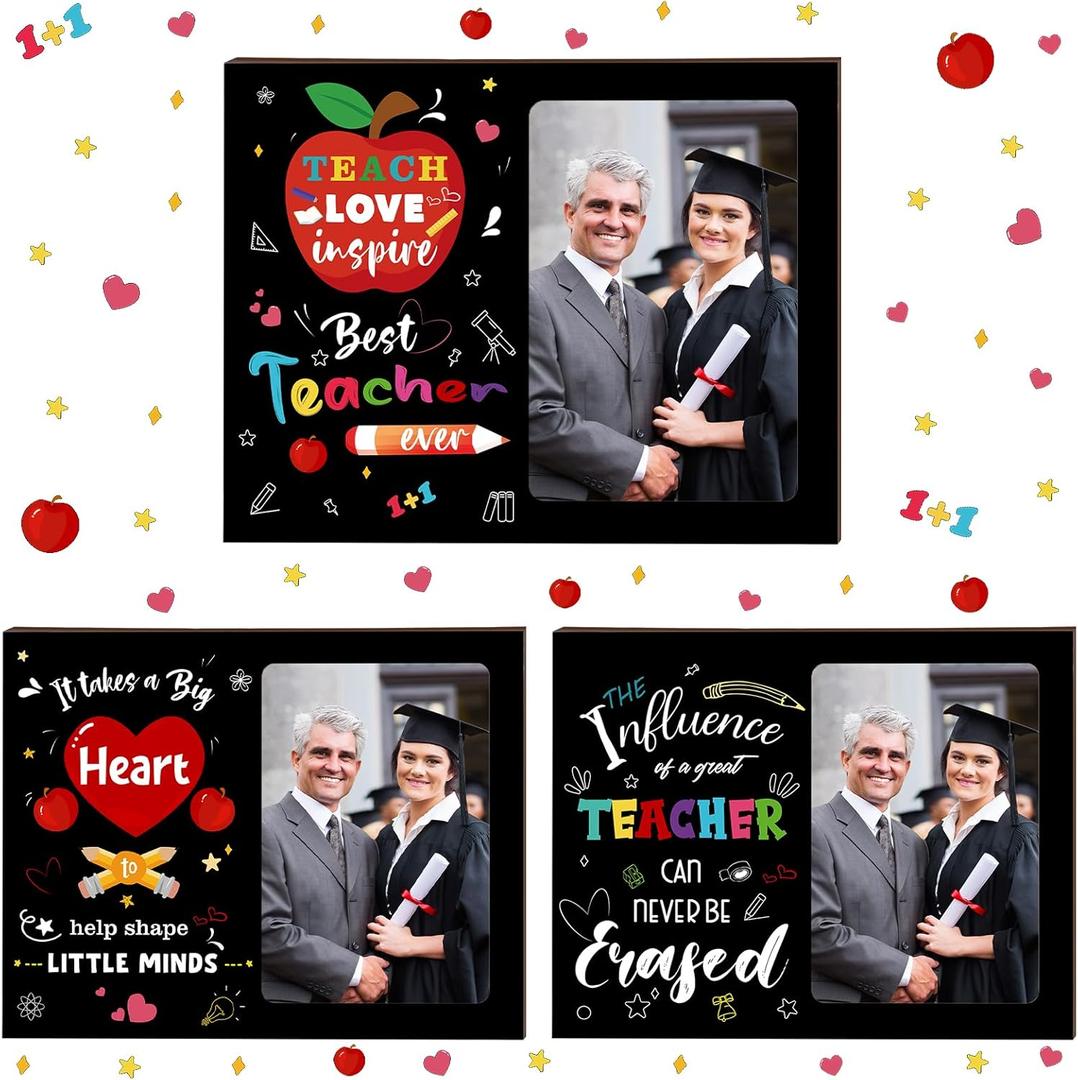 3 Pcs Teacher Appreciation Picture Frame Tabletop and Wall Hanging Teacher Wood Photo Frame Gift for Graduation Retirement Back to School Thank You Gifts, 7 x 9 Inches