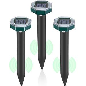 Mole Repellent Solar Powered, Ultrasonic Mole Deterrent Stakes, Sonic Spikes Repeller Snake Groundhog Vole Gopher Repellent for Lawns Garden Yard, 3 Pack