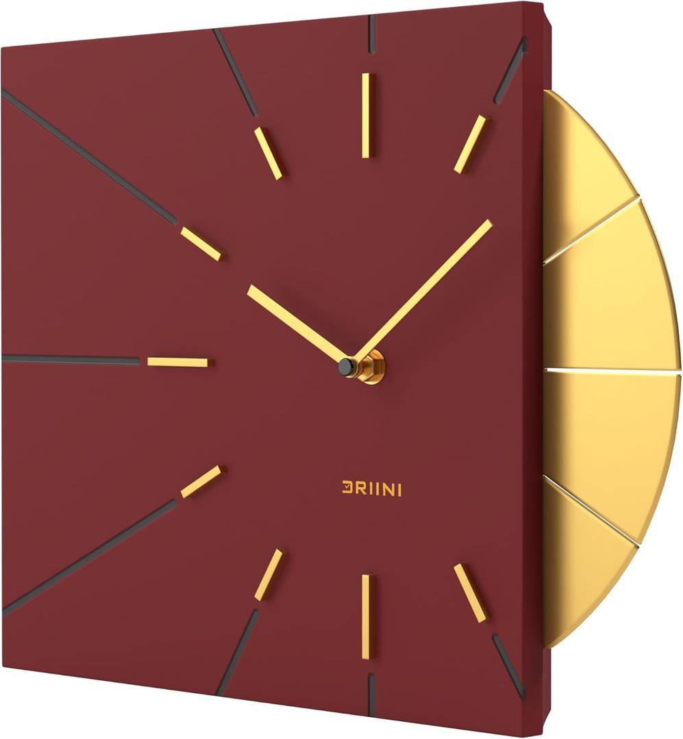 Driini Clocks Mid Century Modern Wall Clock - Square Red Clock with Decorative Gold Accent- Unique and Cool Clock, Battery Operated - MCM Decor & Decorative Wall Clock for Mid Century Modern Decor