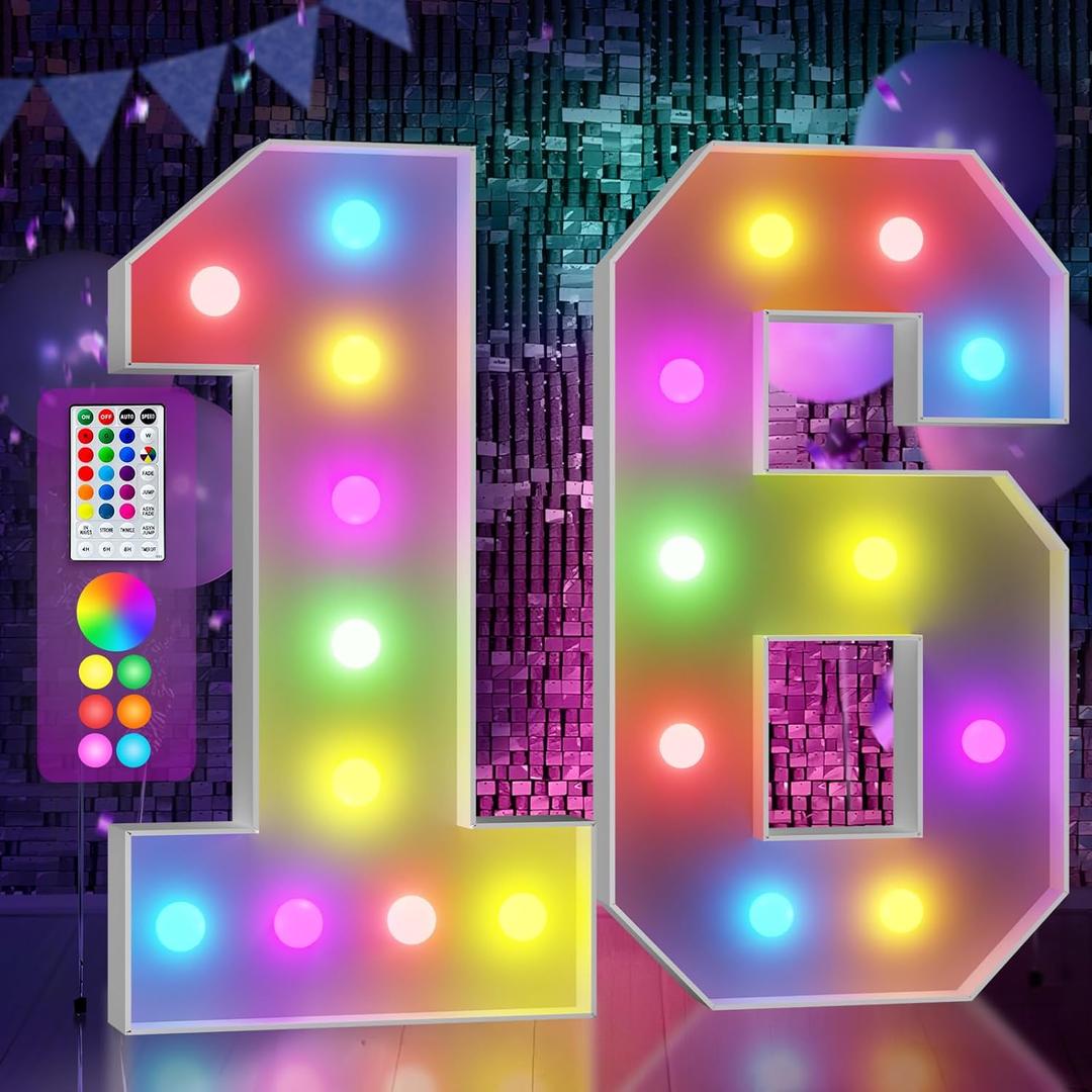 Marquee Numbers Colorful 16th Birthday Decoration: 4FT Large Light Up Sweet 16 Year Old Birthday Decorations Anniversary Backdrop Cardboard Sign 18 Colors Number 16 Mosaic Balloon Frame