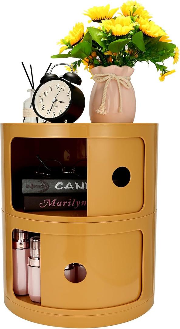 2-Tier Round Bedside Table, Narrow Storage Cabinet, Small Stylish Storage Cabinet, no Installation Required, Suitable for Living Room and Bedroom, Small Space (Yellow)