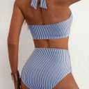 Herseas Women's High Waisted 2 Piece Bikini Sets Halter Patch Pocket Swimsuits Striped Bathing Suit Beach Swimwear 2026 (Blue, M)