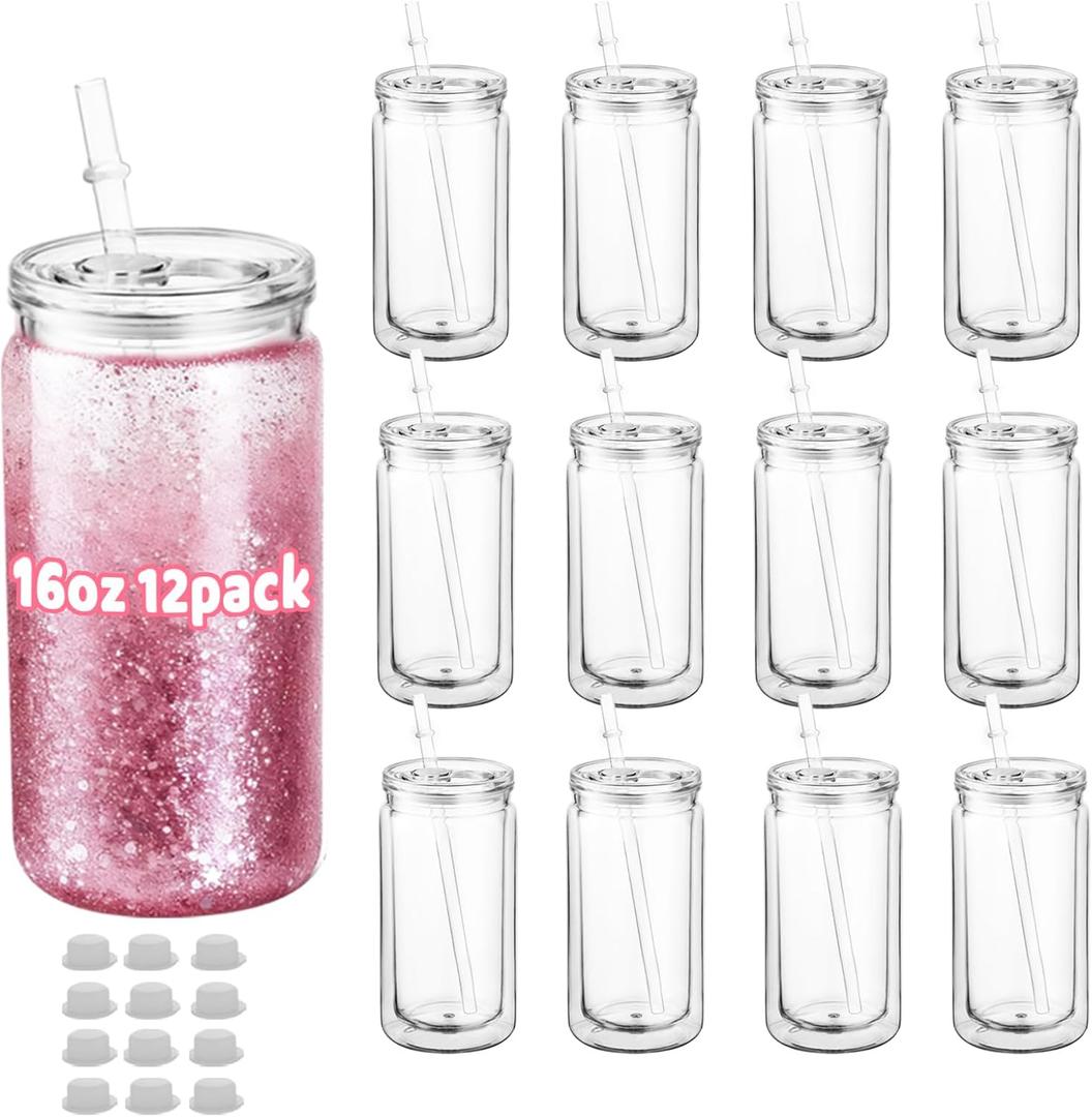 12 Pack 16 oz Acrylic Snow Globe Tumbler Cups, Double Wall Plastic, Pre-Drilled Hole with Plug, DIY Snowglobe Tumbler Supplies Bulk, Clear Mason Jar Style with Lids & Straws