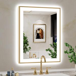 24x30 Inch LED Bathroom Mirror with Lights (Front Lit and Backlit) Gold Framed Lighted Vanity Mirror for Bathroom Wall Dimmable Anti-Fog Memory Tempered Glass Horizontal/Vertical