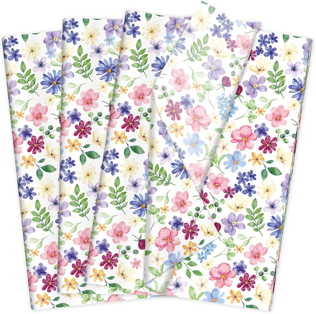 60 Sheets Watercolor Flower Tissue Paper, 20 x 14in Watercolor Wildflower Wrapping Tissue Paper for Spring Theme Birthday Sweet Party Supplies