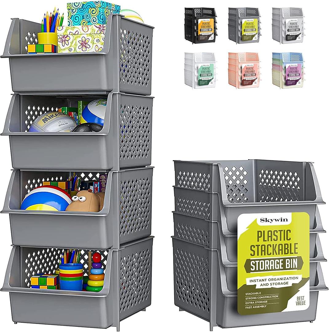 TidyFriend Stackable Storage Bins for Pantry, 4 Pack Stackable Bins For Organizing Food, Kitchen, and Bathroom Essentials (Grey) (Gray)