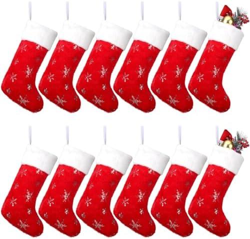 Glimin 12 Pcs Faux Fur Christmas Stockings 18'' Large Xmas Snowflake Plush Hanging Stocking Glitter Sequin Embroidered Christmas Stockings for Family Fireplace Party Decoration(Red and White)