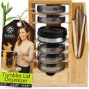 Bamboo Tumbler Lid Organizer  Space Saving Multi-Tier Storage Rack with Straw Holder and Gasket Drawer  Vertical Cup Lid Organizer for Cabinet, Kitchen Countertop - Single