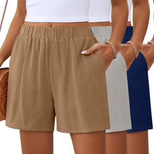 Ficerd 3 Pack Women's Casual Linen Shorts,Pleated High Waist Wide Leg Summer Elastic Comfy Trendy Shorts with Pockets XL