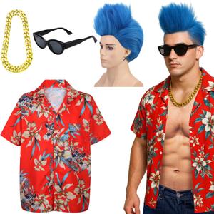 JenPen 4 Pcs Halloween Men's Anime Cosplay Set Including Blue Wig, Shirt, Necklaces and Sunglasses for Robotic Punk Costume (Large)