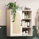 RUSTOWN Boho Rattan Wall Cabinet, Midcentury Bathroom Cabinet with Sliding Door, Adjustable Shelves, Over The Toilet Storage Cabinet (Vintage White)