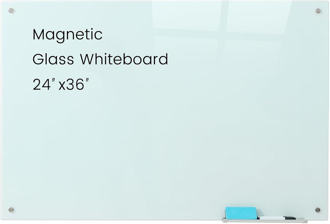 Glass Magnetic White Board - 36 x24 Inches Frameless Dry Erase Glass Whiteboard for Wall, Writing Board for Office, Classroom, Home and Presentation