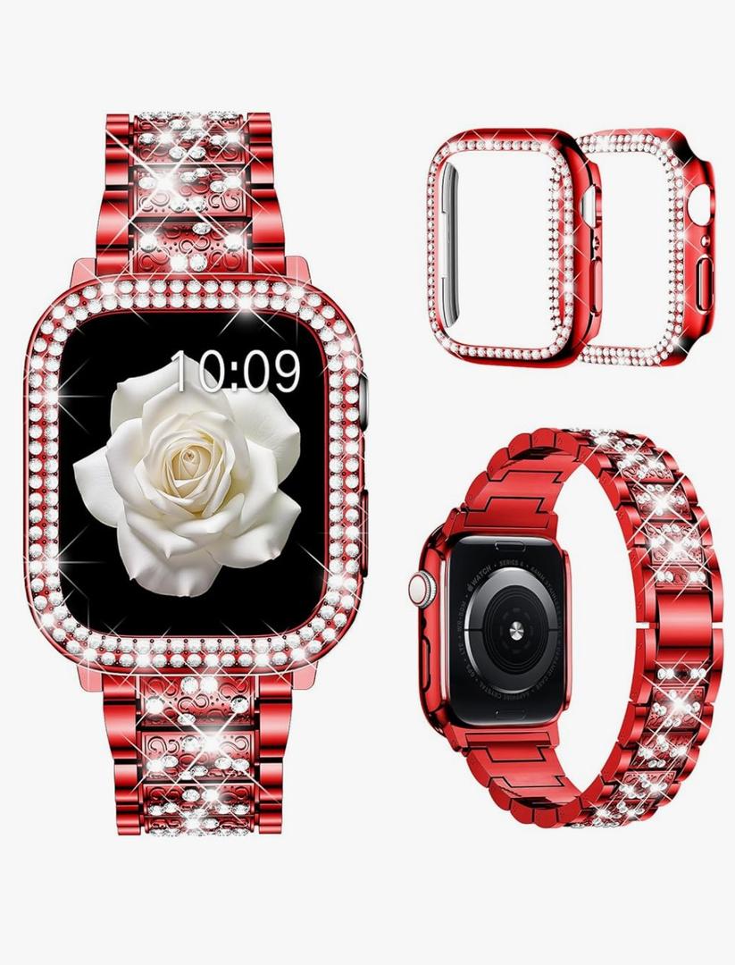 Mosonio Compatible with Apple Watch Band 46mm S11/S10 with Case Women, Jewelry Replacement Metal Wristband with 2 Pack Bling PC Protective Cover for iWatch Series 11/10(46mm,Red)