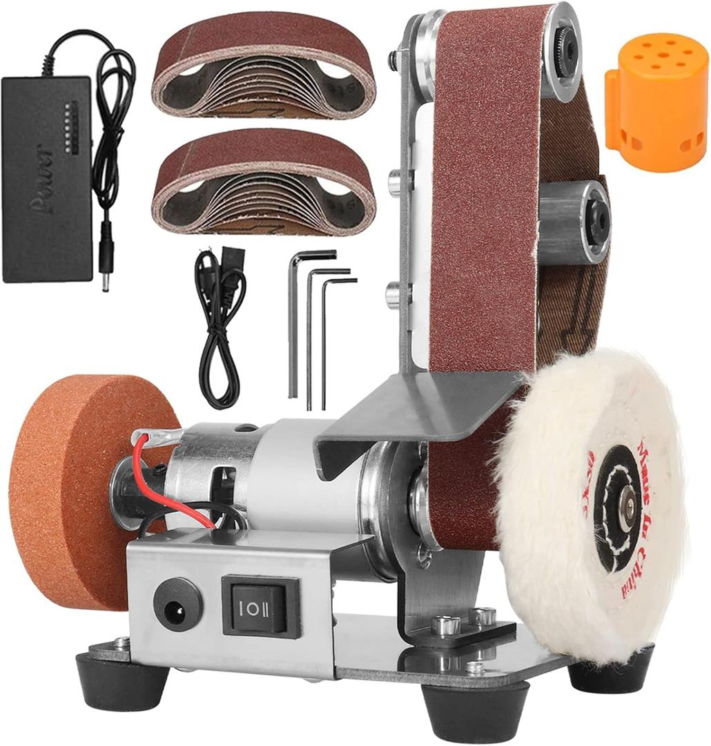 3-In-1 Mini Belt Sander - Adjustable Speed Electric Grinding Sanding Machine, Handcraft System Bench Grinder Polisher Buffer for DIY Craft Wood Stained Glass Jewelry Making (Plus Kit)