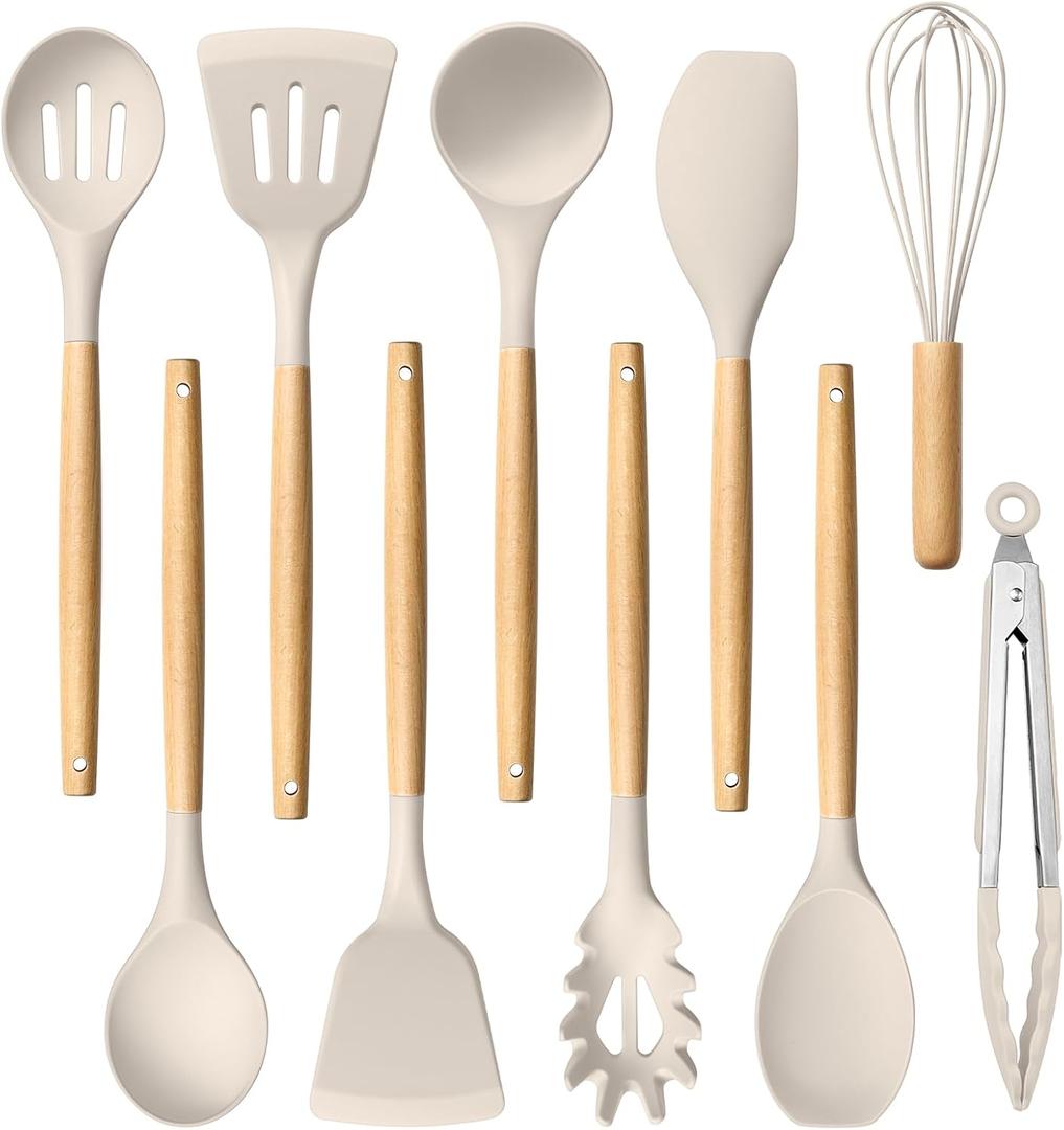 HaWare Silicone Cooking Utensils Set, 10-Piece Chef Kitchen Non-Stick Cookware with Wooden Handle, 450F Heat Resistant - Khaki