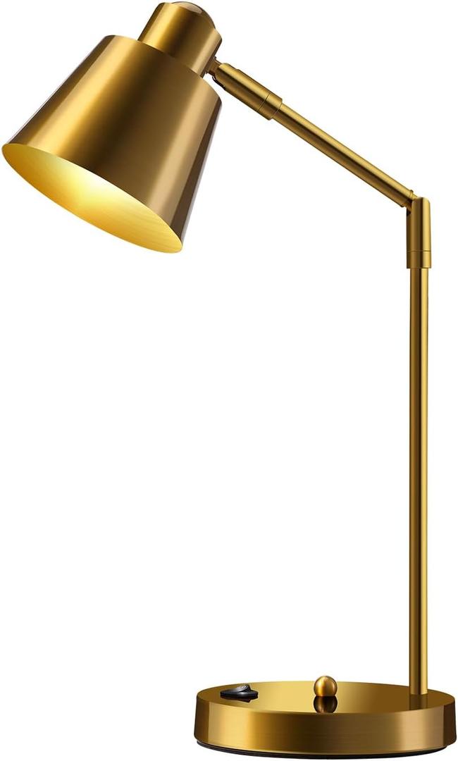 Anxingtools LED Desk Lamp with Dual USB Charging Ports, 100% Metal, 270 Swivel Arms, Soft White Light (3000K), Bedside Reading Lamp, Home Office Lamp(Golden)