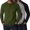 Ficerd 3 Pack Men's Big and Tall Henley T-Shirts Long Sleeve Plus Size Cotton Blend Tee Loose Fit Casual Fall Basic Tops (X-Large, Light Gray, Army Green, Black)